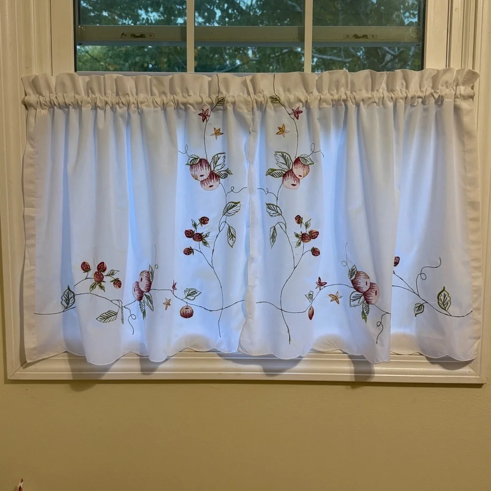 NEW ~ Embroidered Apples & Strawberries White Kitchen Curtain Tiers 60” x 24” - Picture 1 of 14